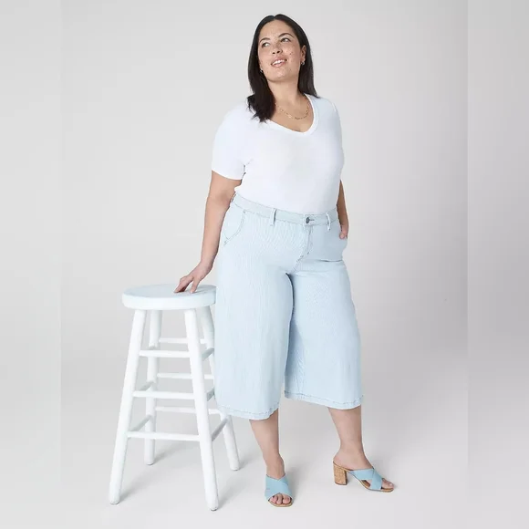 Lane Bryant Size 14 Wide Leg Crop Pinstripe Jean Culotte Capri High Rise 18" L - Picture 5 of 15